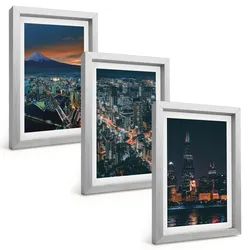 BILDER SET 3er Set - 20x30 cm Silberner Rahmen - Bergpanorama der Stadt bei Nacht