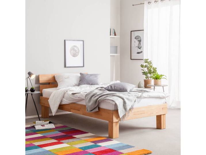 Massivholzbett AresWOOD 90 x 200cm Massivholz Kernbuche, geölt Braun/Beige/Kernbuche mit Kopfteil Kernbuche