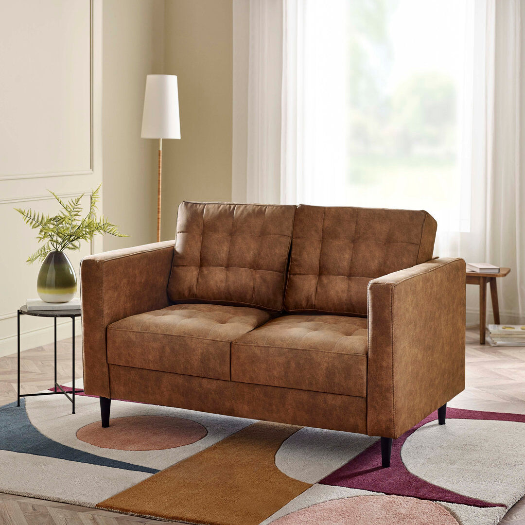 17 Stories Jodi Faux Leather Sofa - Upholstered Modern Retro Fabric Stylish & Contemporary Tan 2 Seater