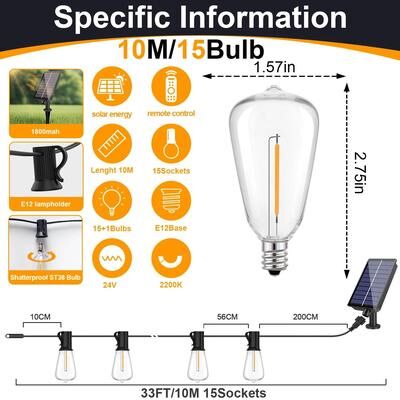 Uplift Essentials Solar Globe LED String Lights With Remote Control And USB Recharge 33ft 10m 15bulb
