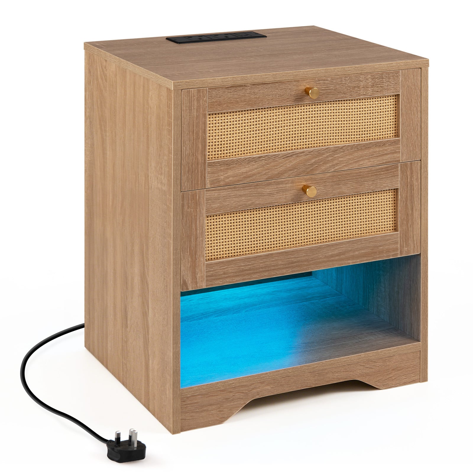 Costway Boho-stijl Nachtkastje met LED-verlichting en Oplaadstation