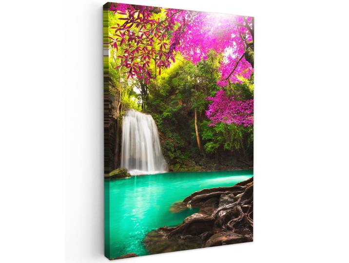 LEINWANDBILD Wasserfall mit bunten Blumen und Bäumen - Natur - Dschungel Wanddeko 40x60 cm