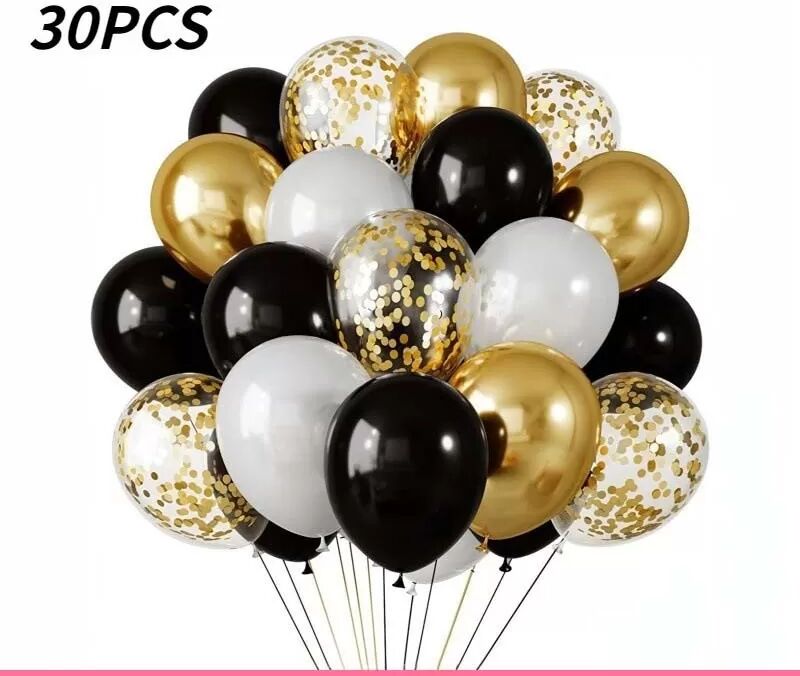 INF Ensemble de 30 ballons noir, or et blanc - Ballons en latex pour décorations de fête d'anniversaire