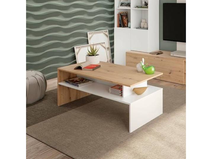 Dmora - Couchtisch Vail, Niedriger Tisch, 100x50h43 cm, Eichenknoten und glänzendes Weiß