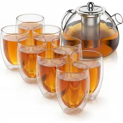 Arendo, Teekanne, Teekanne 1,5 l mit Edelstahl-Teesieb + 8 Thermogläser 450 ml ohne Henkel, Borosilikatglas (1.50 l)
