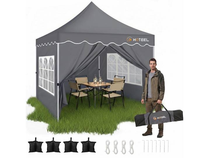 Faltpavillon 3x3m Grau Wasserdicht UV Schutz 50+ mit 4 Seitenwänden