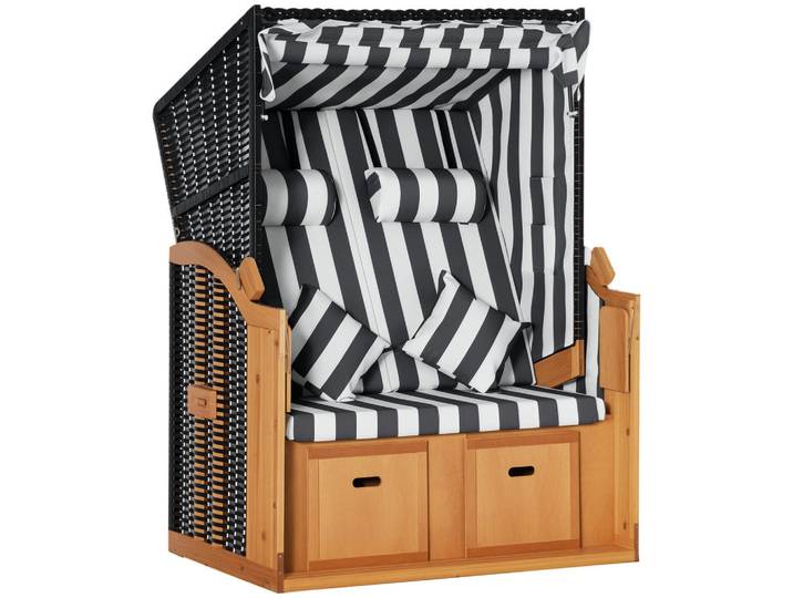 ComfortXL Strandkorb De-06637 Klapptisch und Nackenrollen Natur/Grau/Weiß, Grau, Weiß, Holz, Kunststoff, 118x160x79 cm, Gartenmöbel, Gartenschaukeln, Strandkörbe