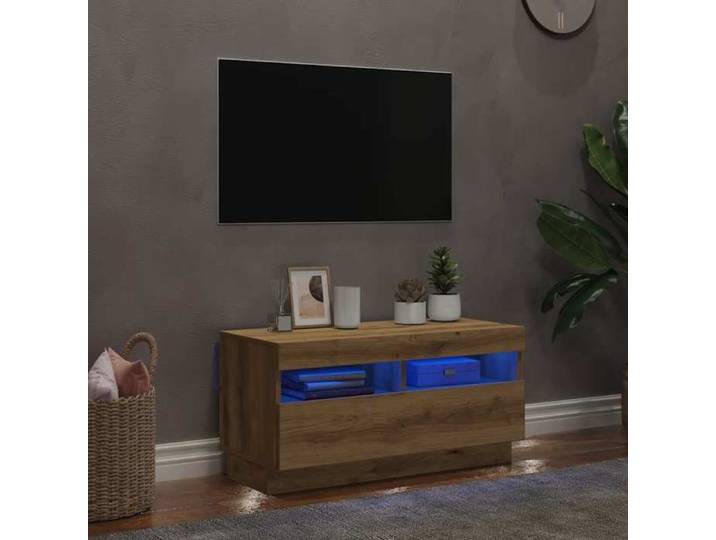 Support TV chêne artisanal - SWEETY Meuble TV - Armoire TV - avec lumières LED chêne artisanal - Bois d'ingénierie 7143