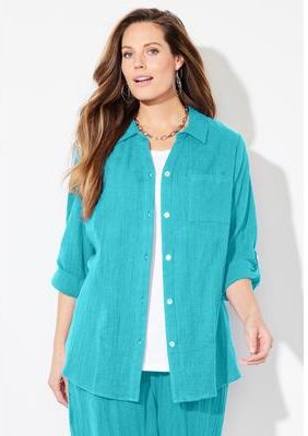 Plus Size Women's AnyWear Pucker Cotton Buttonfront Roll Tab Shirt by Catherines in Aqua Blue (Size 5X)