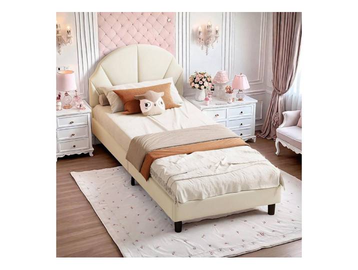 LuxusKollektion Polsterbett Kinderbett 90x200 Samt Kopfteil verstellbar Beige