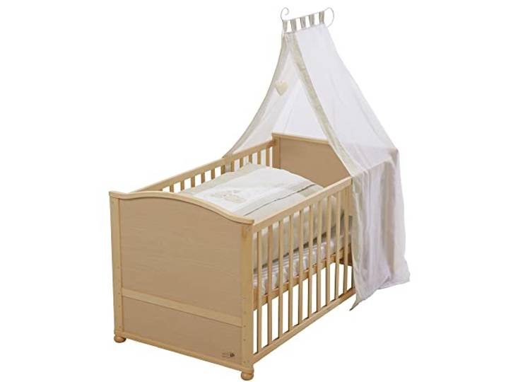 roba Babybett Komplettset Liebhabär 70 x 140 cm – Kombi-Kinderbett mit Matratze, Bettwäsche & Himmel – 3-Fach höhenverstellbar – zum Juniorbett umbaubar – Natur