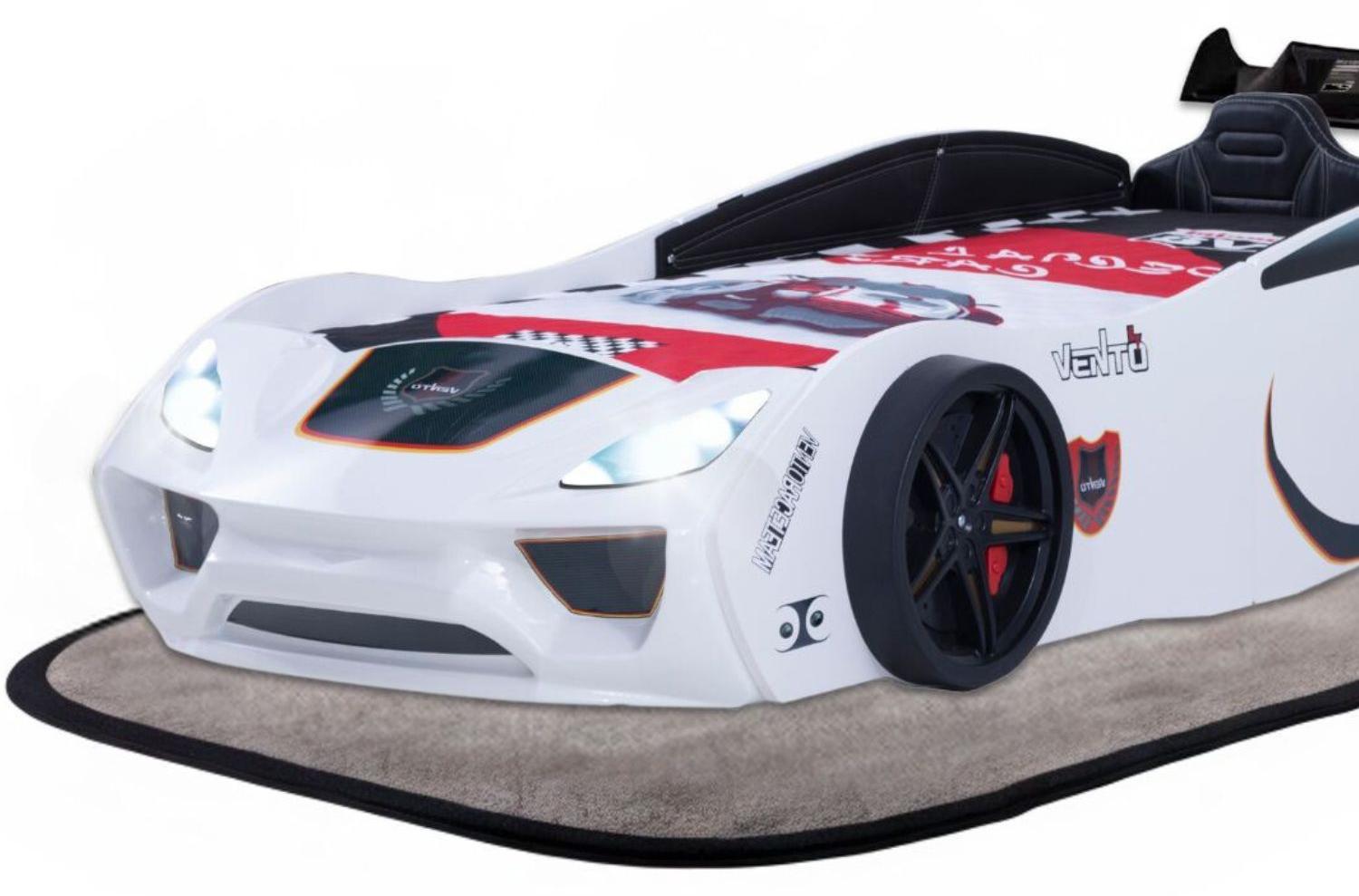 Autobett VENTO SPORT Kinderbett 90x200 cm Rennwagen-Bett inkl Sportsitze, Lattenrost, Spoiler, LED-Licht, Farbe Weiß
