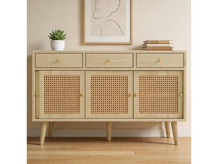 Buffet - 120x40x78 cm - 3 tiroirs & 3 portes (6 compartiments) - MDF finition chêne - Certifié FSC