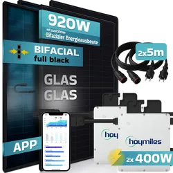 SUNNIVA® 920W Balkonkraftwerk BIFAZIAL FULLBLACK komplett Steckdose HOYMILES 2x 400 Watt Wechselrichter, PV Solaranlage Komplettset, 2x 460W N-Type Glas-Glas Bifacial Solarmodule, 2x 5m Kabel