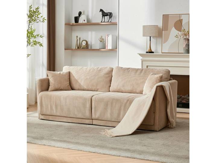 Canapé convertible 2 places 182x88x84 cm beige – tissu côtelé sans matelas