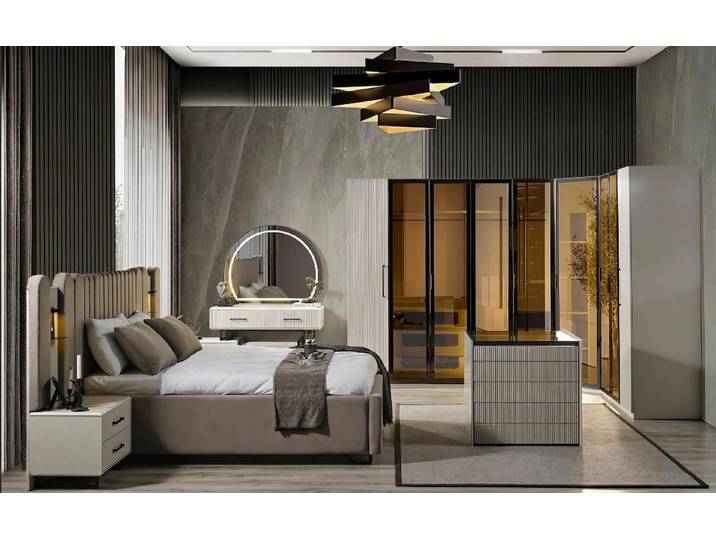 Xlmoebel Komplettschlafzimmer Schlafzimmer Set Bett Schrank Kommode Spiegel Hocker Modern Beige Edel, (5-tlg., 5-tlg)