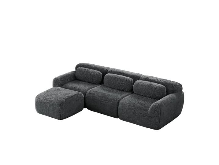 Canapé modulable en l 3 places, tissu fausse fourrure, gris