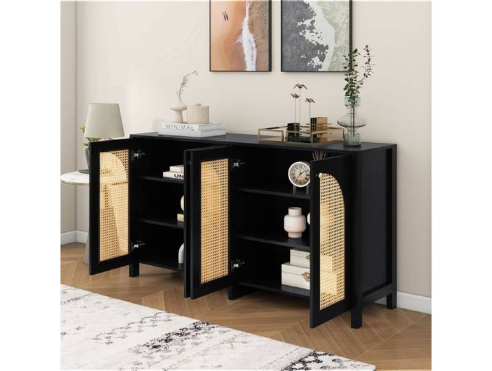 Buffet moderne de style minimaliste 4 portes en rotin poignée métallique simple meuble buffet pour salle à manger salon cuisine