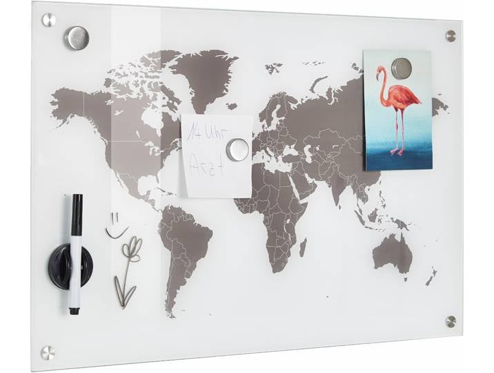 Pinnwand ZELLER PRESENT Worldmap , weiss (weiß), Tafeln, Pinnwand, Glas 60x40