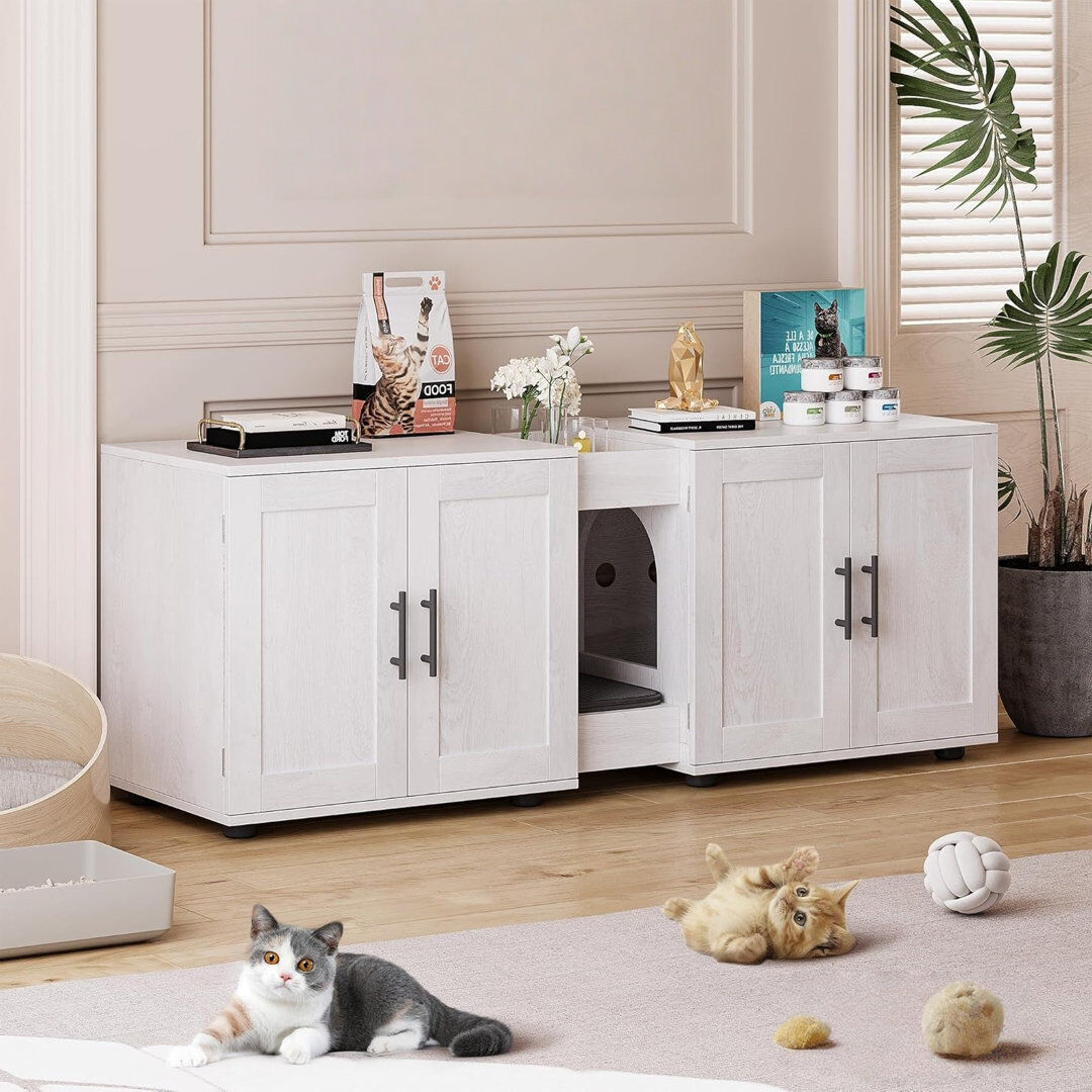 Blue Elephant Cat Litter Box Enclosure for 2 Cats, 55" Hiddden Litter Box Enclosure Furniture 3-in-1 Wooden Litter Cabinet with Barn Door & Double Rooms for Bedroom White 57.2cm H X 139.7cm W X 45cm D