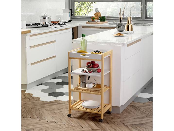 HOMCOM Desserte Cuisine Bois Pin 3 Étagères Blanc