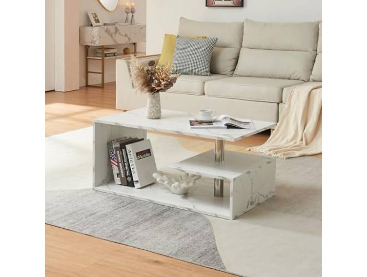 [en.casa] Couchtisch Haarlem Wohnzimmertisch rechteckig 90 x 50 x 41 cm Sofatisch mit Stauraum Kaffeetisch Marmoroptik, weiß