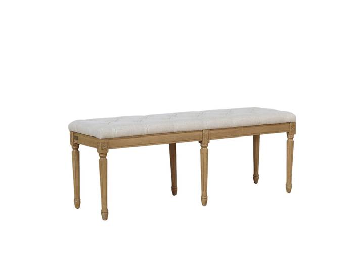 Banc capitonné style shabby chic en hévéa et tissu effet lin