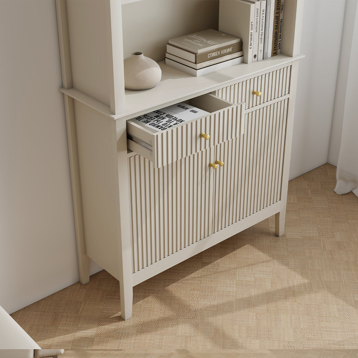 Large 2 Drawer & 2 Doors Freestanding Storage Display Cabinet - Hales Taupe Range Wood, Metal