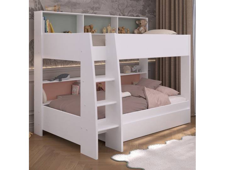 Parisot Etagenbett Leo (Kinder Hochbett in Weiß, 2x 90x200 cm), kein Lattenrost erforderlich