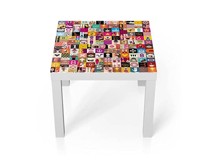 DEQORI Glastisch weiß klein 55x55 cm Motiv Miniaturillustrationen ausgefallener Beistelltisch aus Glas Hochglanz Couchtisch fürs Wohnzimmer moderner Couch Tisch mit Design