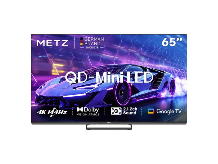 METZ 65MNE8000Z TV MiniLED 144 Hz 65 pouces (165 cm), QLED+ UHD, HDR10+, Smart TV Google, Dolby Vision Atmos, HDMI 2.1, MEMC, Upscaling 4K AI, protection des yeux (faible lumière bleue, sans scintillement) (Energy Efficiency F)