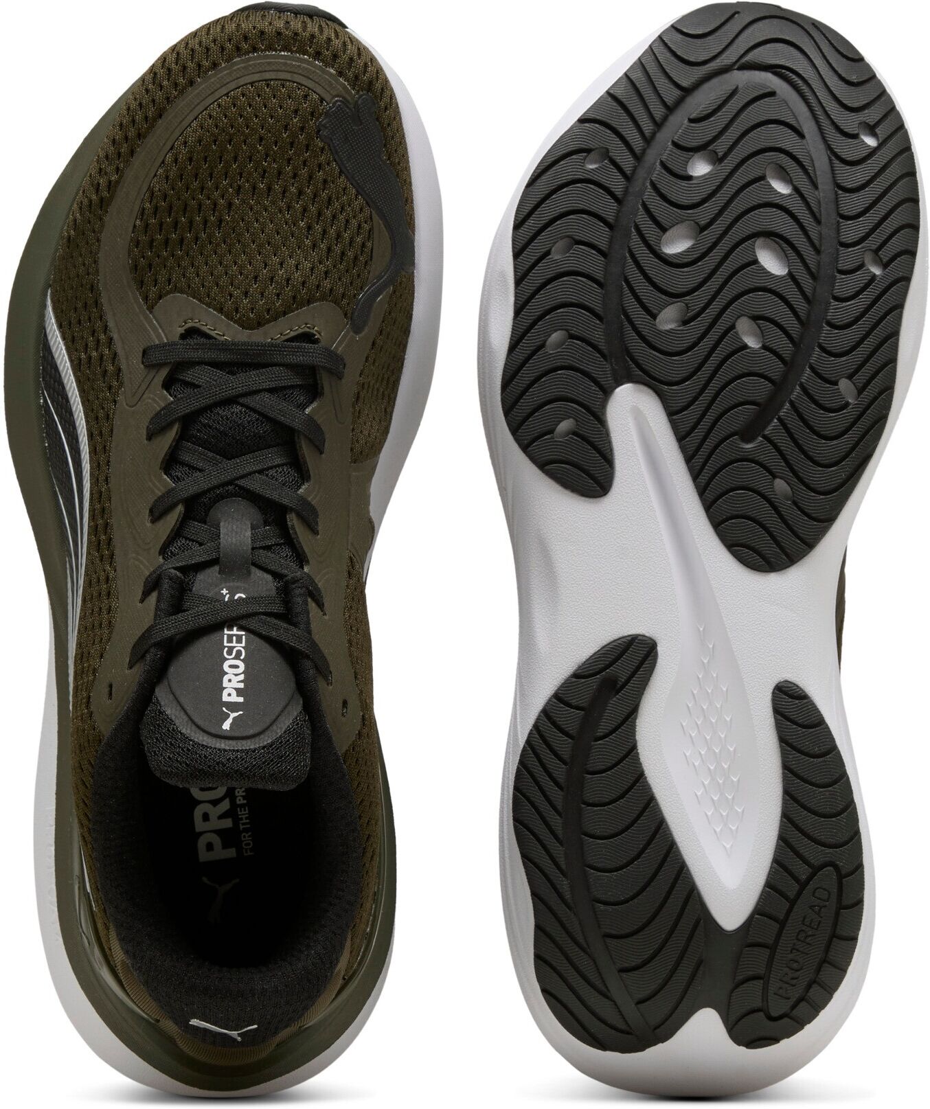 Laufschuh PUMA "SCEND PRO 2", Damen, Gr. 47, Textil, grün (schwarz olive, puma schwarz), Schuhe Laufschuh