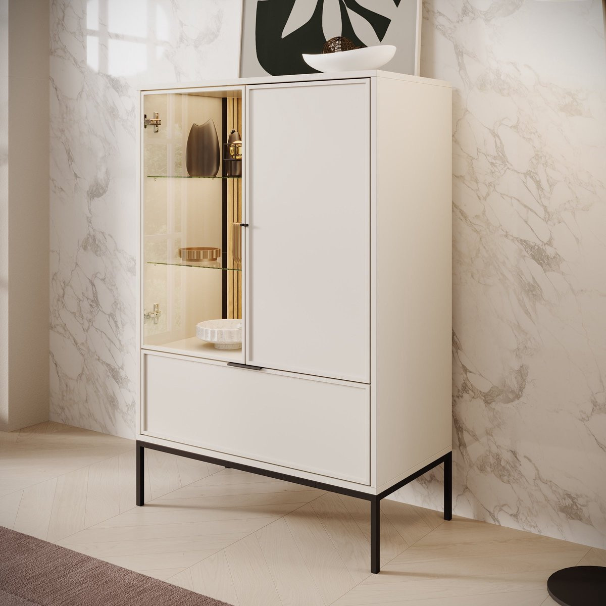 Meubella Dominica Vitrinekast - Beige - B: 76 cm, D: 40 cm, H: 184 cm