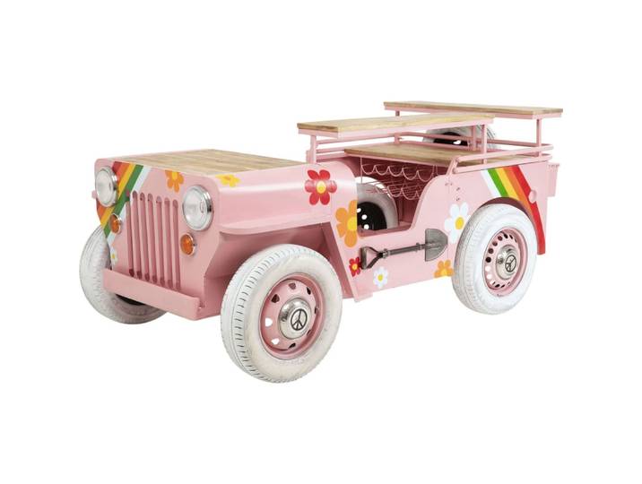 Bar voiture à fleurs en acier rose et manguier massif