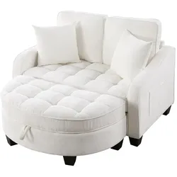 MODFU Schlafsofa 2in1 mit Aufbewahrungshocker 93x130x82 cm Beige, umwandelbar zu Sofa, Chaiselongue und Bett, platzsparend mit Eukalyptusholzrahmen