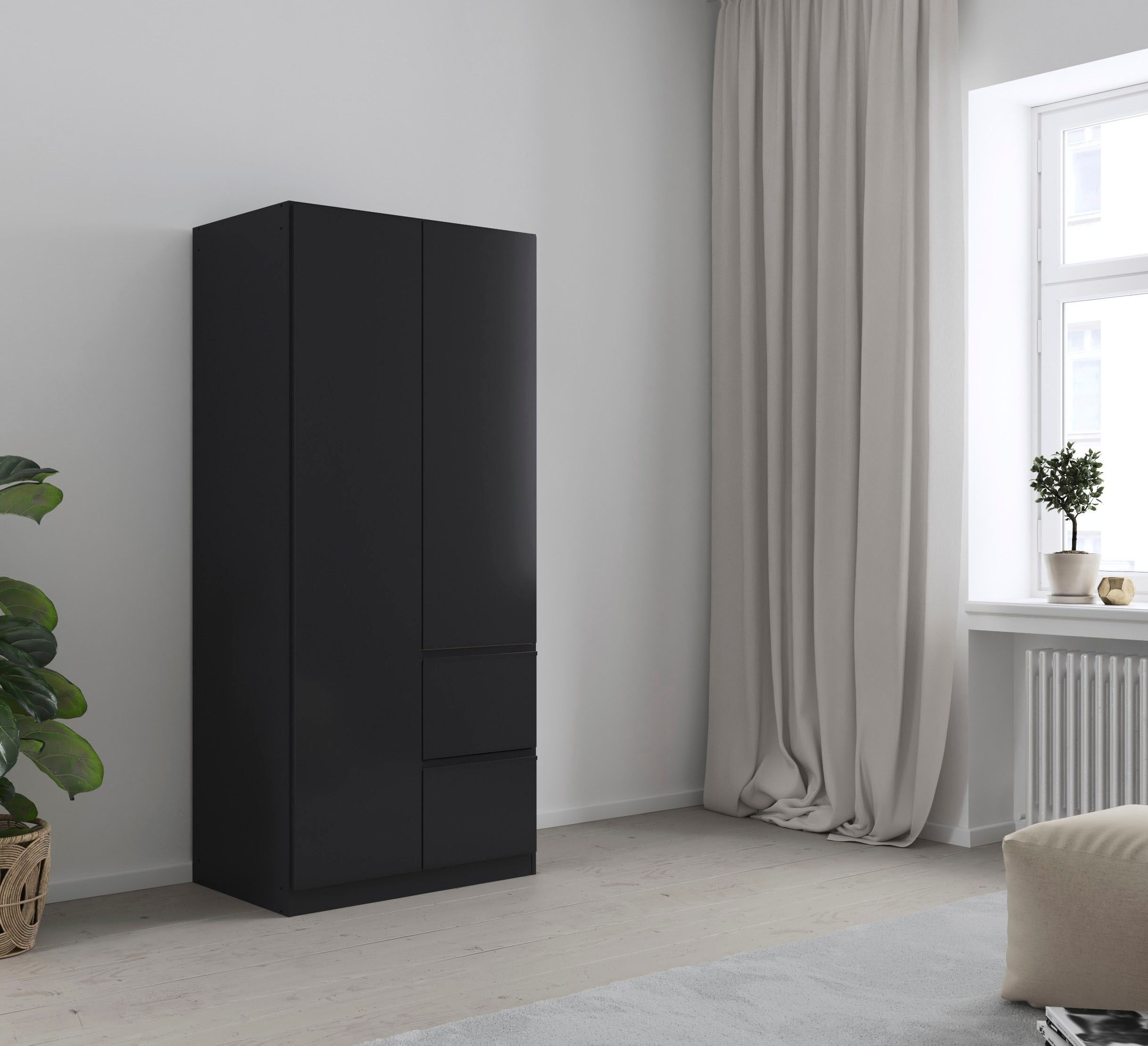 Drehtürenschrank RAUCH "Kleiderschrank Schrank Garderobe Wäscheschrank COSTA Breite 91 cm", schwarz (graumetallic, eingriffe graumetallic), B:91cm H:197cm T:54cm, Holzwerkstoff, Schränke, Drehtürenschrank, Breite 91 cm grifflose Front mit Push-to-Open Fun