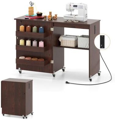 Costway Sewing Machine Table with Charging Station and Lockable Casters-Brown