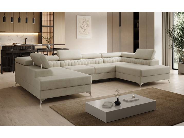 Designer Sofa Aurea U mit Schlaf- und Klappfunktion in Samt - Samt - Sand - Luxusbetten24