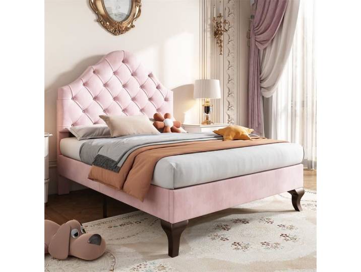 Dripex Lit Simple Rembourré en Velours 90×200cm Lit rembourré avec sommier à lattes tête de lit réglable en hauteur pieds bois Rose