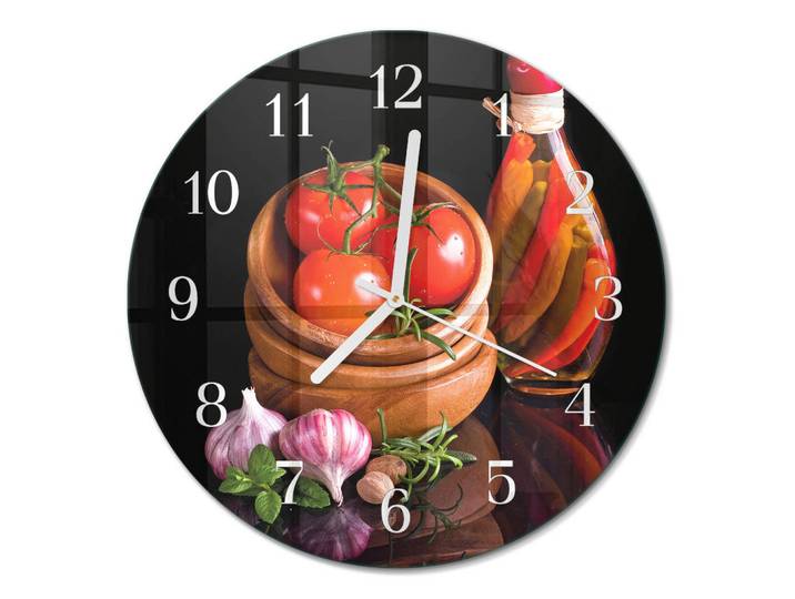 Tulup Wanduhr fi30 cm - Tomaten und Knoblauch, Rot, Glas, Rund, 30x30x0.4 cm, Dekoration, Uhren, Wanduhren