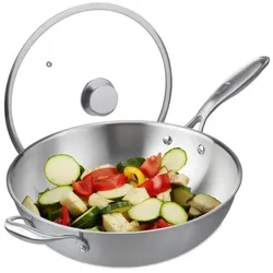 Relaxdays Edelstahl Wok mit Glasdeckel Silber,Transparent