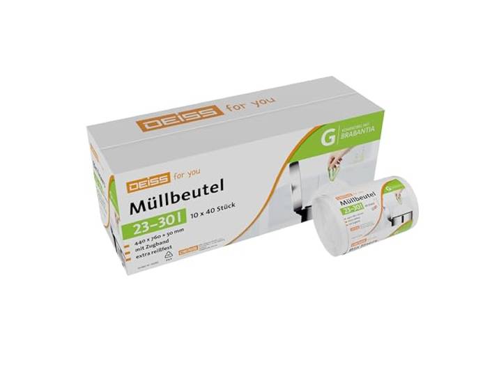 DEISS Müllbeutel für Brabantia Touch Bin (Größe G), 23 - 30l, 400 Stück Maße: 440x760+50 mm; Müllsäcke mit grünem Zugband (10 Rollen á 40 Stück), ideal für Sanitär, Büro, Gastronomie & Reinigung