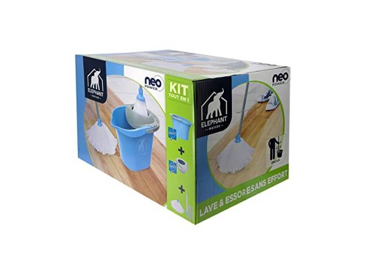 ÉLÉPHANT Maison - Kit Neo Power - Seau\, Essoreur & Balai Espagnol - Tête à Franges Microfibre - Essorage Automatique Sans Effort - Plastique Recyclé - Compatible Toutes Franges - Fabriqué en France