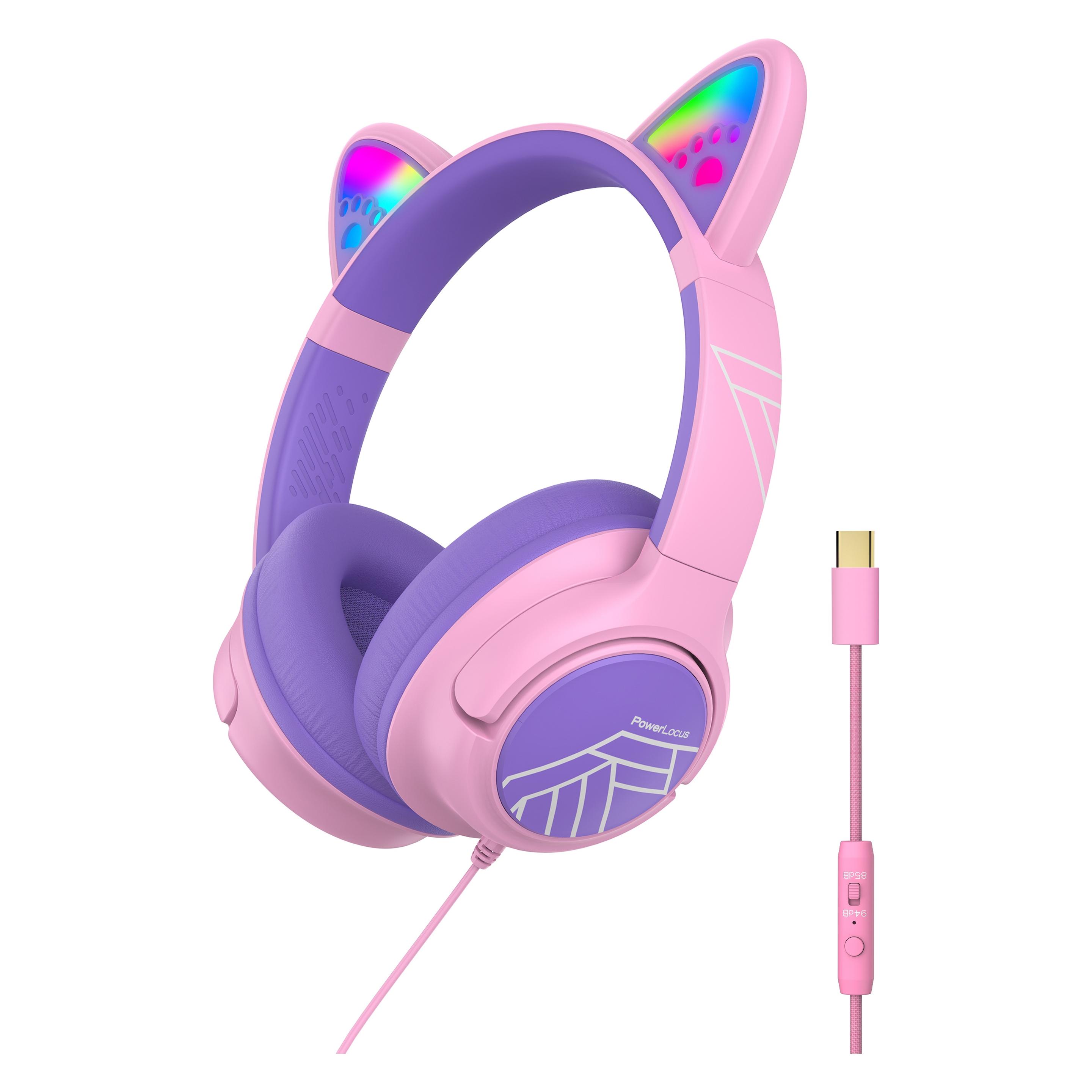PowerLocus Bobo Ears Wired, Kinderkopfhörer mit USB-C-Kabel (PWL-BOBOUSBCWIRED-PURPLEPINK)