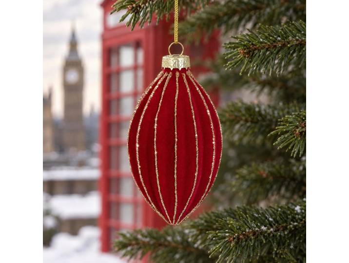 Rote und goldene glitzernde Glas-Weihnachtskugel in Tropfenform