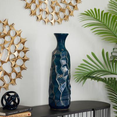 ARCILLA ELEMENTAL Teal Ceramic Geometric Floor Decorative Vase with Gold Accents