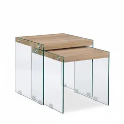 Relaxdays Satztisch 2er Set, massive Tischplatte, edle Glas Beistelltische, Wohnzimmer, Couchtische 40-45 cm hoch, natur