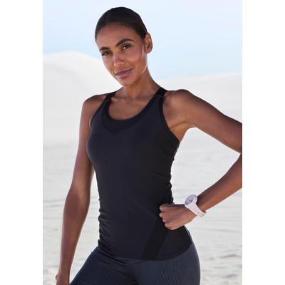 Sporttop LASCANA ACTIVE, Damen, Gr. XL (48/50), blau (schwarz), Trikot, Obermaterial: 85% Polyester, 15% Elasthan, Mesh, unifarben, figurbetont hüftlang, tiefer Rundhals, Tops Sporttop, mit Mesh-Einsatz und gekreuzte Träger im Rücken