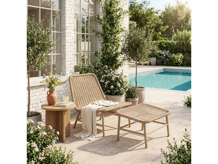 Sweeek - Fauteuil Relax Et Repose Pied Aluminium Et Corde Beige - Laguna