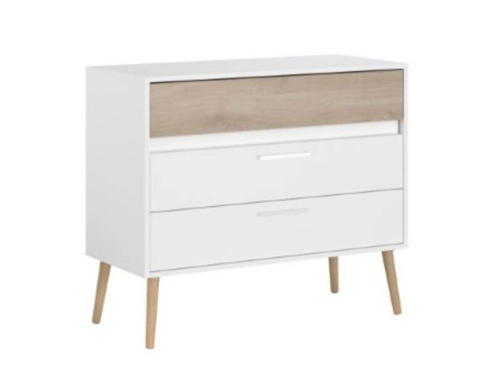 Commode 3 tiroirs blanche avec façade supérieure finition aspect bois - BORGALL